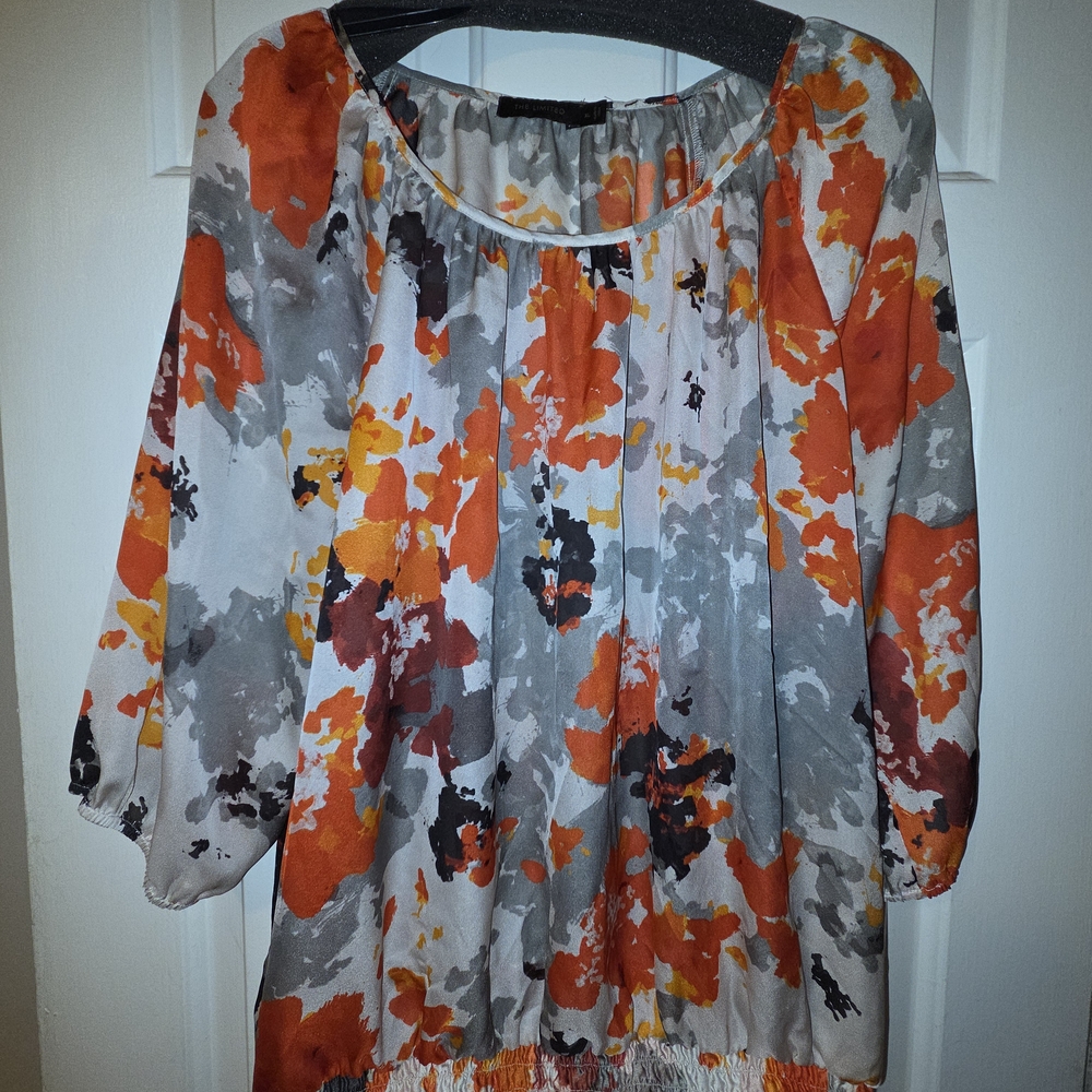 The Limited: Bright Watercolor Semi-Sheer Puff Sleeve Blouse.  Size XL.
